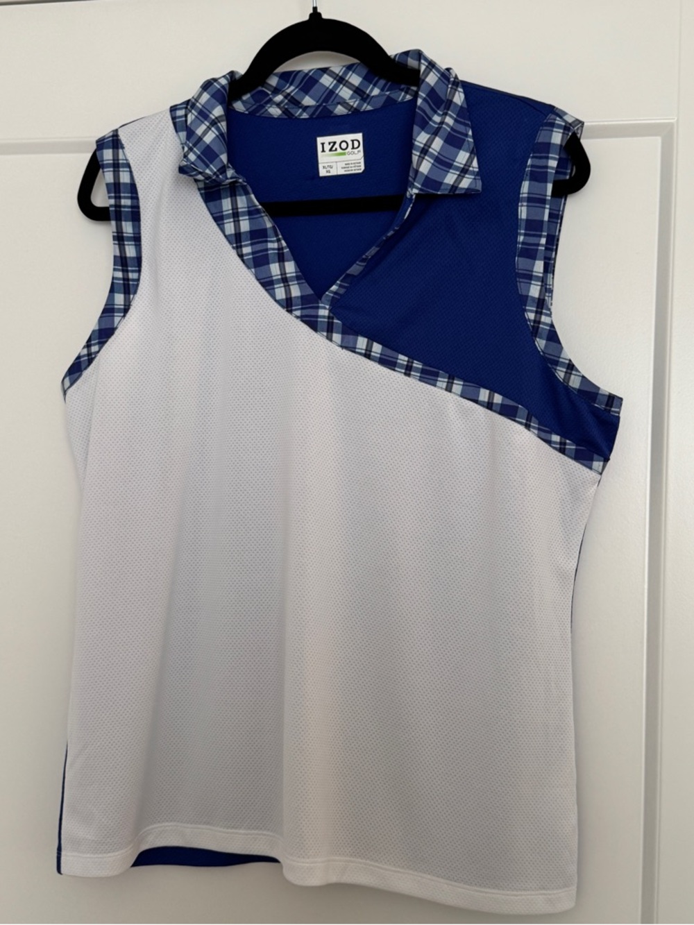 Izod Blue Plaid-Trim Sleeveless Golf Polo